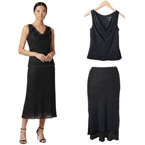 Y2K  Vintage Black Beaded 2-Piece Cowl Midi Dress Cocktail Party Sz 4 Skirt Top